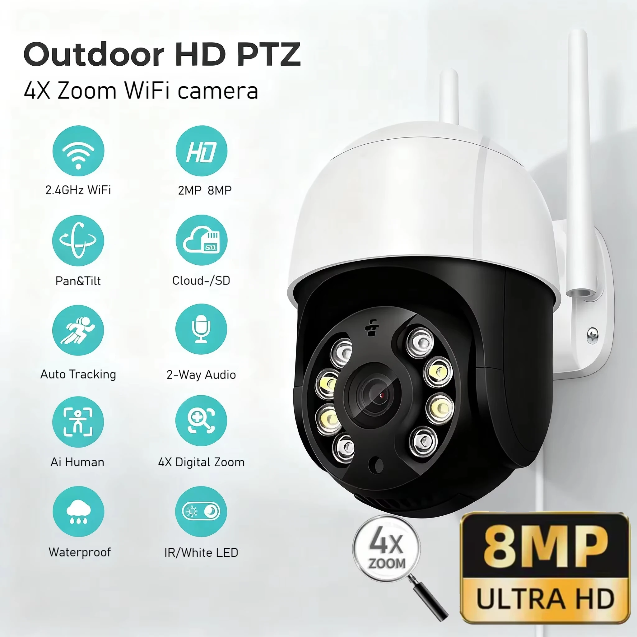 

8-мегапиксельная 4K PTZ Wi-Fi IP-камера для наружного видеонаблюдения с 4-кратным зумом, беспроводная камера видеонаблюдения CCTV, P2P, совместима с iCsee A8B