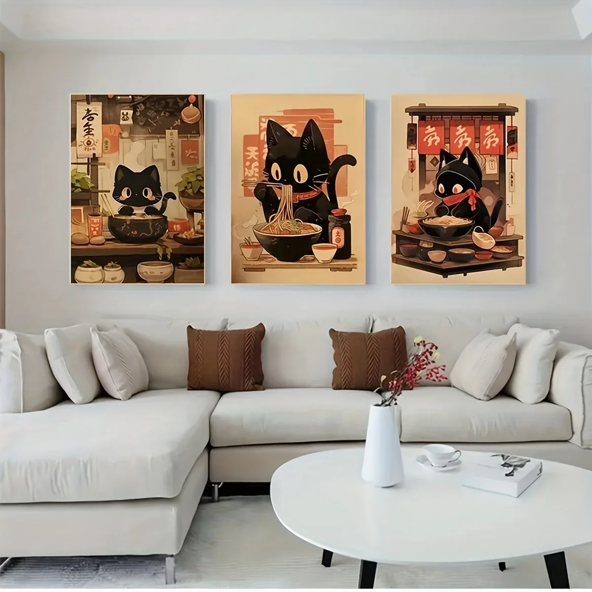 3pcs/set Japanese Black Cat Eating Noodles Canvas Print Black Cat Animal Kitchen Wall Art Poster for Modern Nursery Home Decor