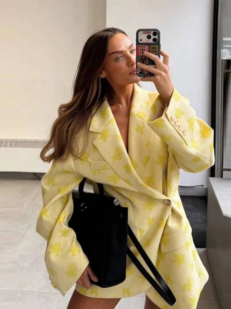 Loose Floral Print Women Yellow Blazer Shoulder Pad Lapel Long Sleeve Single Button Suit Jacket 2026 Autumn Commute Outerwear