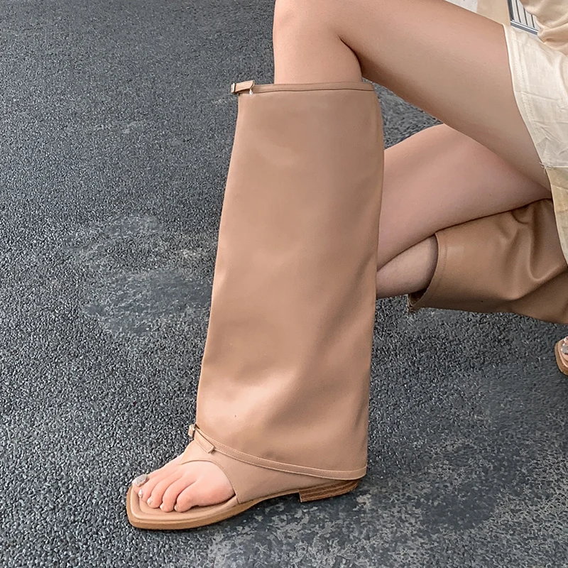 

New Summer Solid Color Genuine Leather Clip Toe Cool Boots Women's Simple Fashionable Square Toe Roman Medium Length Boots