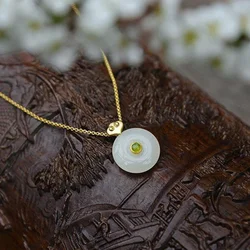Natural Hetian  jade Round Pendant Necklace Chinese style retro light luxury elegant new winter women's silver jewelry