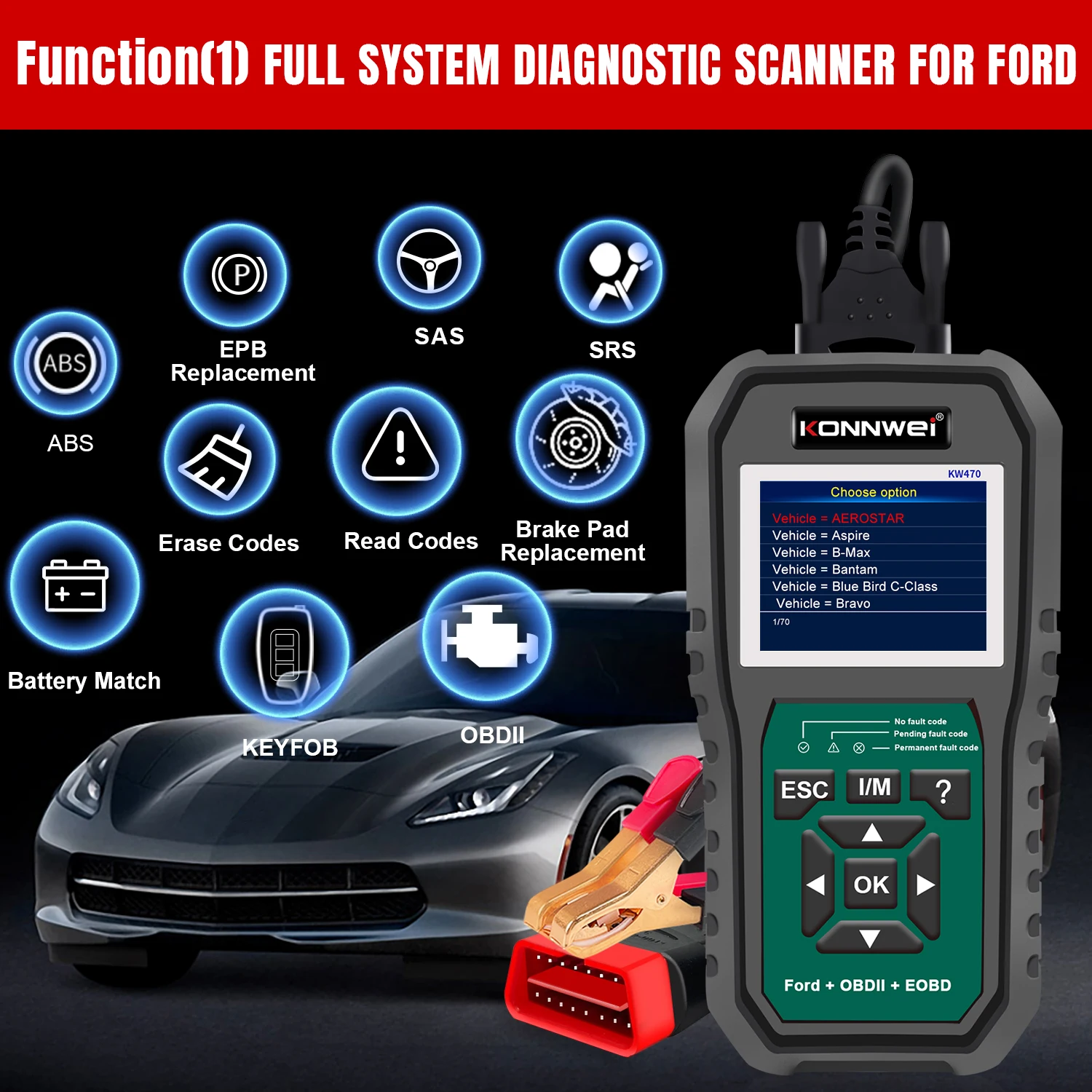 Car OBD2 Scanner Anto Diagnostics KW470 Check Engine Code Reader Bettery Test ABS SRS Scan Active 3 Service Oil/SAS/BMS Reset