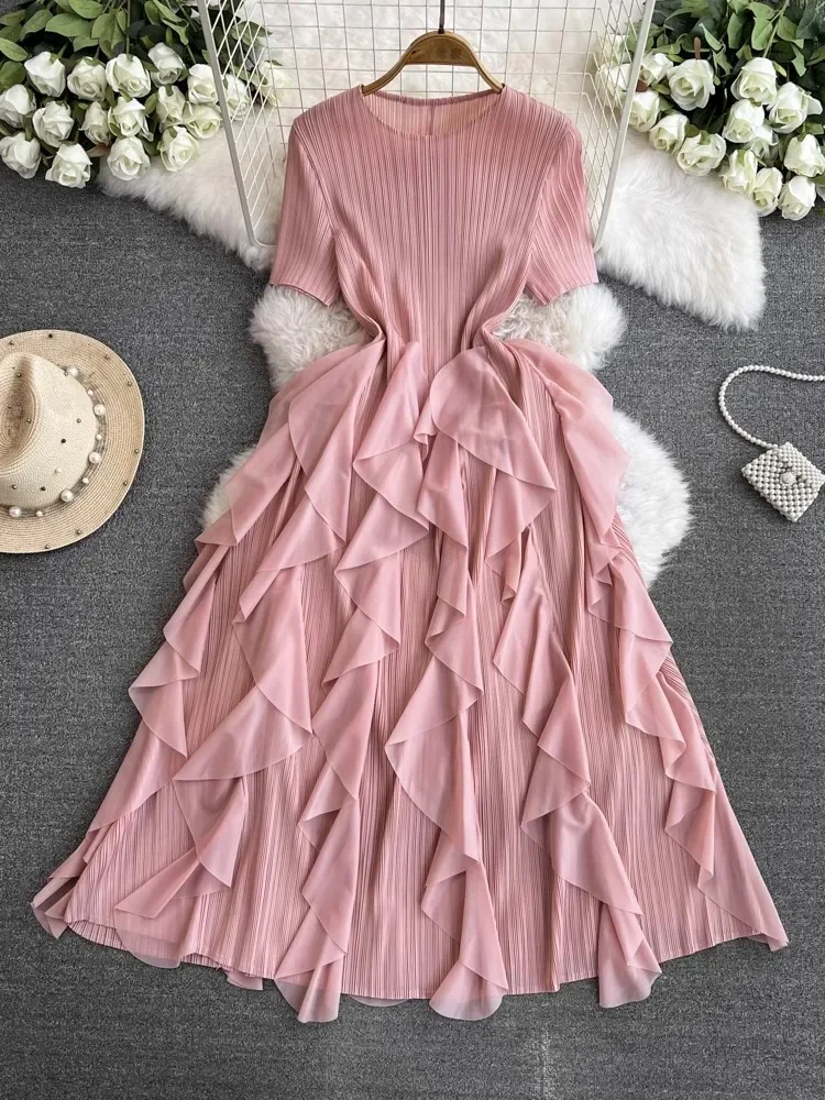 2025 verão novo elegante babados camada bolo vestidos miyake manga curta plissado a linha de alta estiramento festa midi vestido para mulher