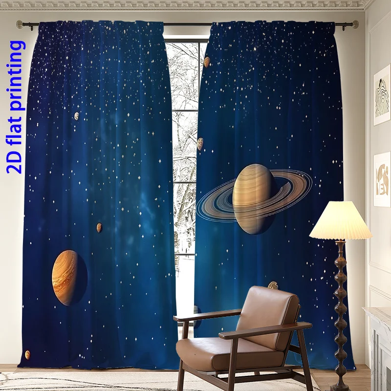 Deep Space Galaxy Curtain, Saturn Planet Starry Sky Drape, Sci-Fi Universe Window Treatment for Kids Bedroom Nursery Astronomy