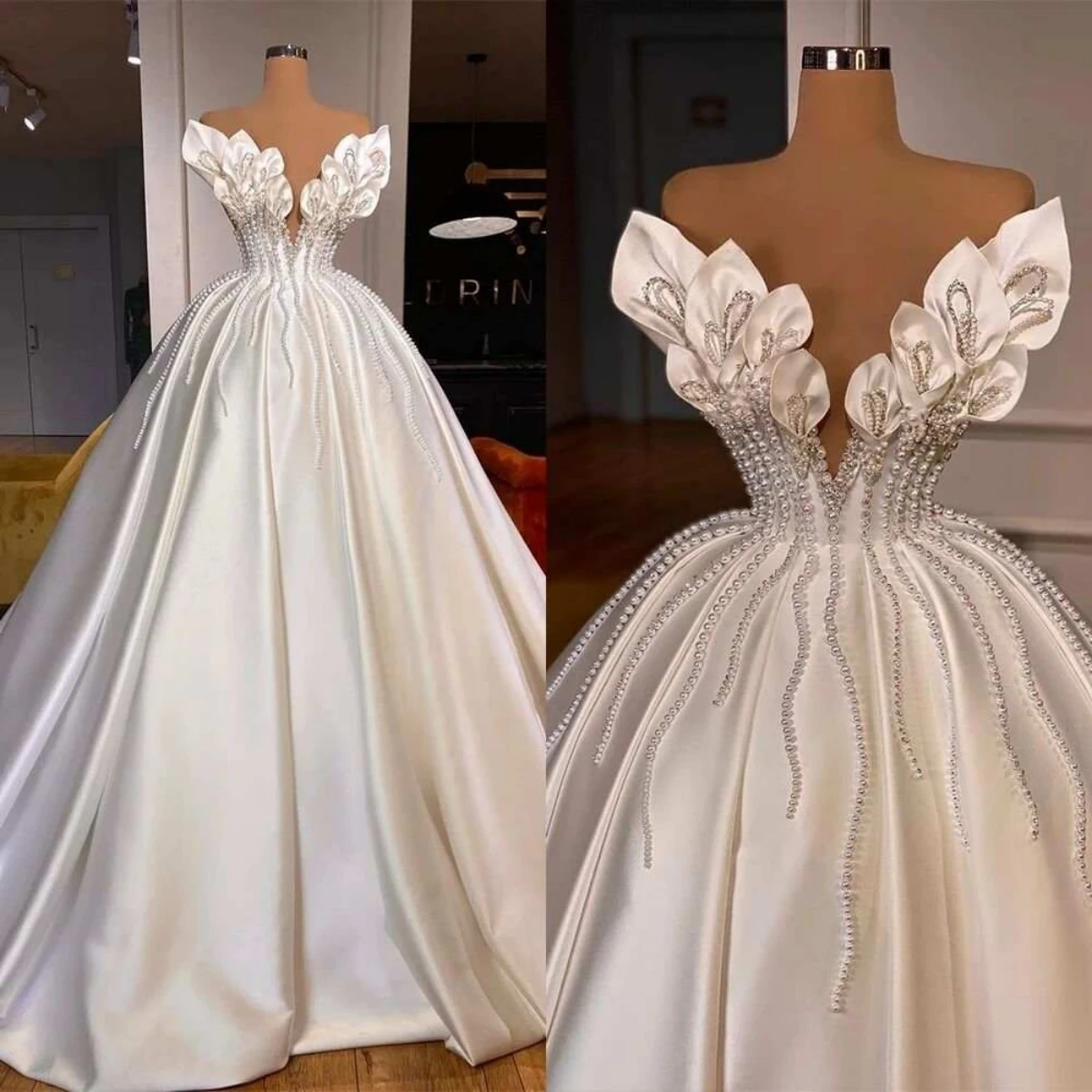 

Elegant A-Line Gown Wedding Dresses Beading Pearls Pleat Satin Bridal Gowns Big Size Vestidos De Novia Custom Size Colour