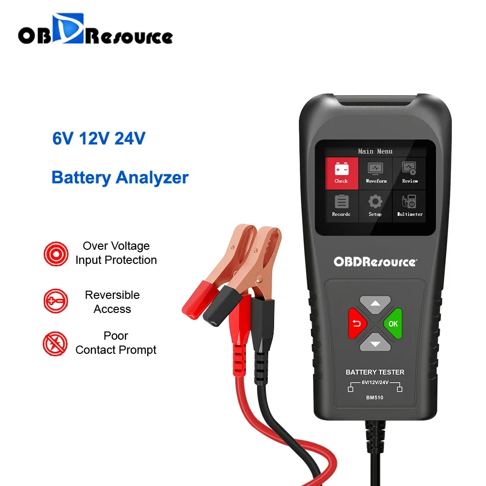 

OBDResource Car Battery Tester with Screen, 6V, 12V, 24V, BM510 Automotive 100-2000 CCA Battery Load Tester, Battery Analyzer