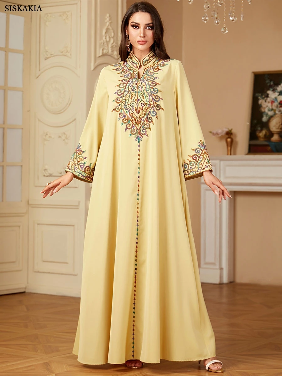 

Siskakia Embroidery V-Neck Long Dress Dubai Arab Abaya For Muslim Woman Loose Moroccan Saudi Ethnic Jalabiya Fashion Robe 2024