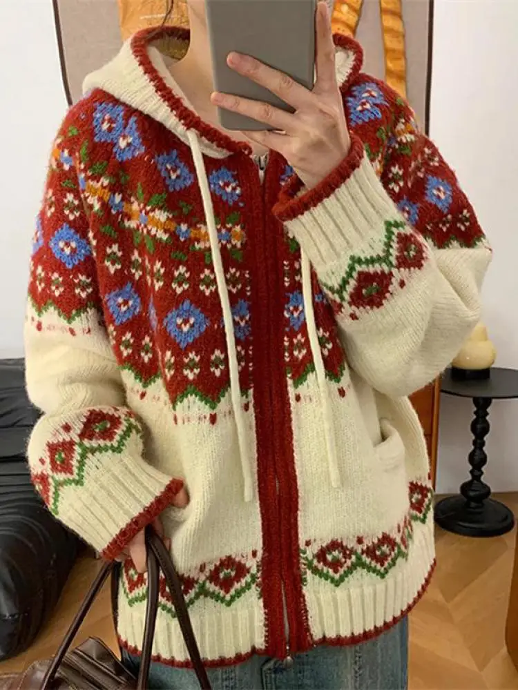 

Autumn Winter Red White Patchwork Long Sleeve Versatile Zipper Sweater Vintage Women Vacation Loose Hooded Cardigan Knitted Tops