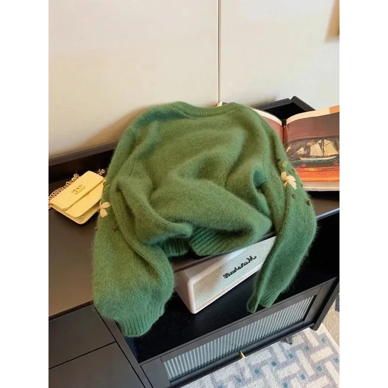 Harajuku Vintage Embroidery Floral Green Knit Sweater Women Winter Lazy Confortable Pollovers Niche Commut Warm Bottoming Shirts
