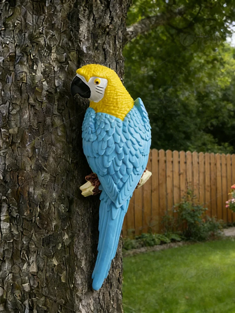 Simulierte blaue Papageien-Baumhängestatue, kreative Vogelskulptur, Outdoor-Garten- und Hofdekoration, tropische Vogel-Geschenkfigur – Detail 4