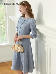 I BELIEVE YOU Blue French Dresses For Women Lace Collar Seven Lantern Sleeve Cotton 2024 Spring New A-line Lady Dress 2241095561