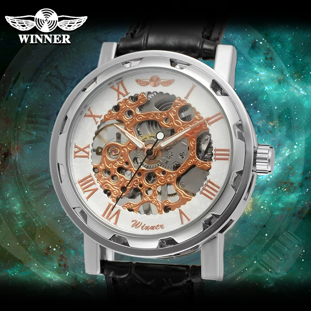 T-Winner Classic Fashion Royal Skeleton Design Watches Mechanical Hand Wind Movement PU Leather Strap Wristwatch for Mens Womens