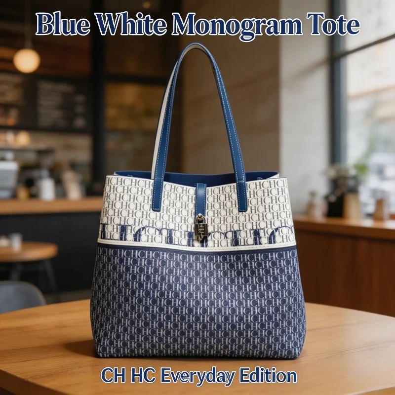 CHHC Women Two Tone Letter Print Tote Bag Faux Leather Splicing Large Capacity Lock Decor Top Handle Shoulder Handbag