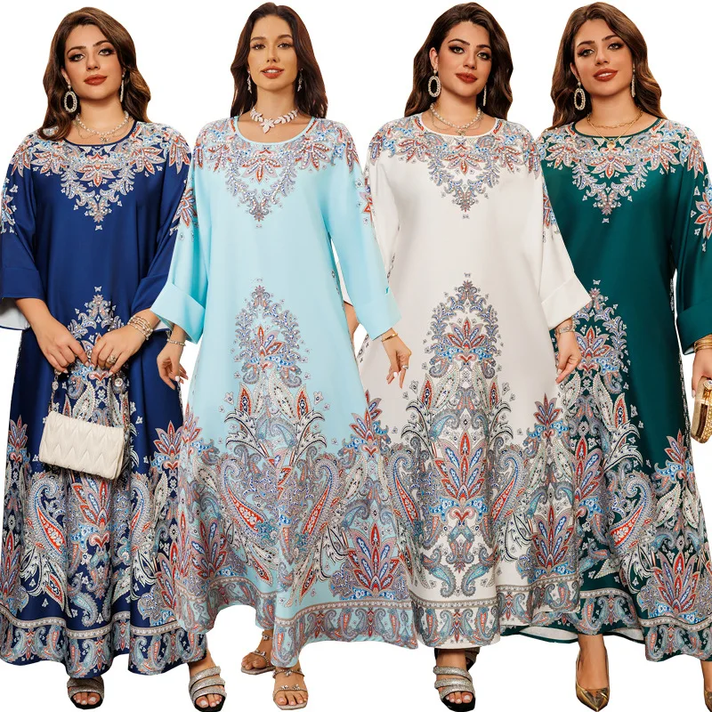 

Jalabiya Arabic New Luxury Diamonds Women Evening Dress Print Elegant Dubai Muslim Robe Abaya Long Sleeves Fashion Gowns