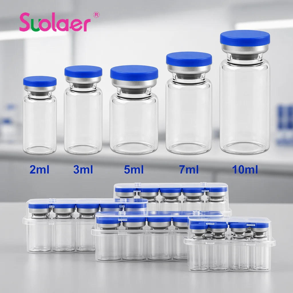 Image of 3/5/7/10ml Glasflasche für Injektionen, sterile Ampullen, leere Laborfläschchen mit selbstheilendem Injektionsport und Aluminiumkappe