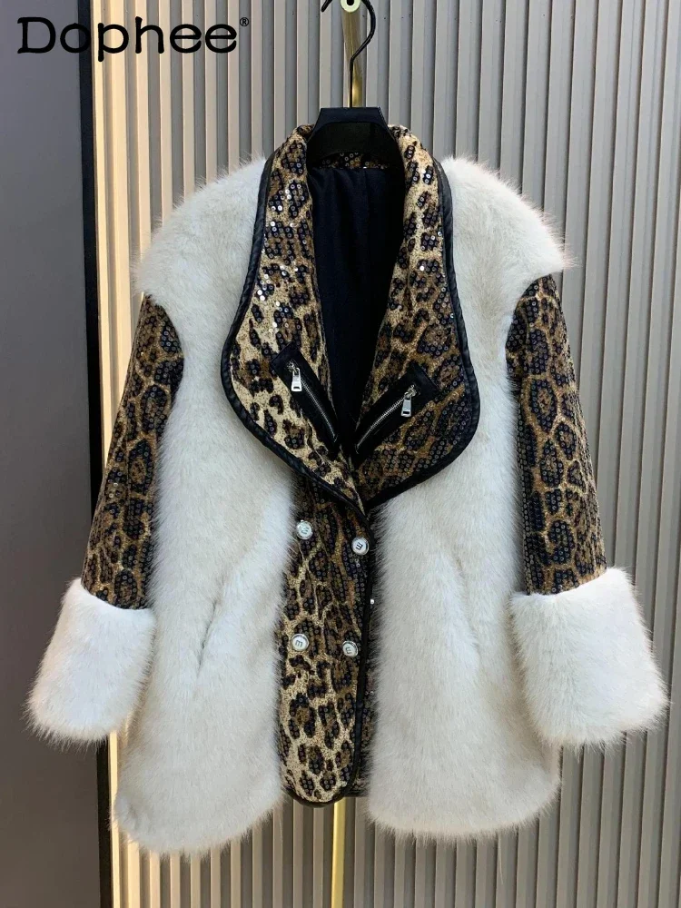 

2024 Winter Heavy Industry Sequined Lapel Faux Fur Coat for Women Versatile Fashion Leopard Print Imitation Fur Coat Female