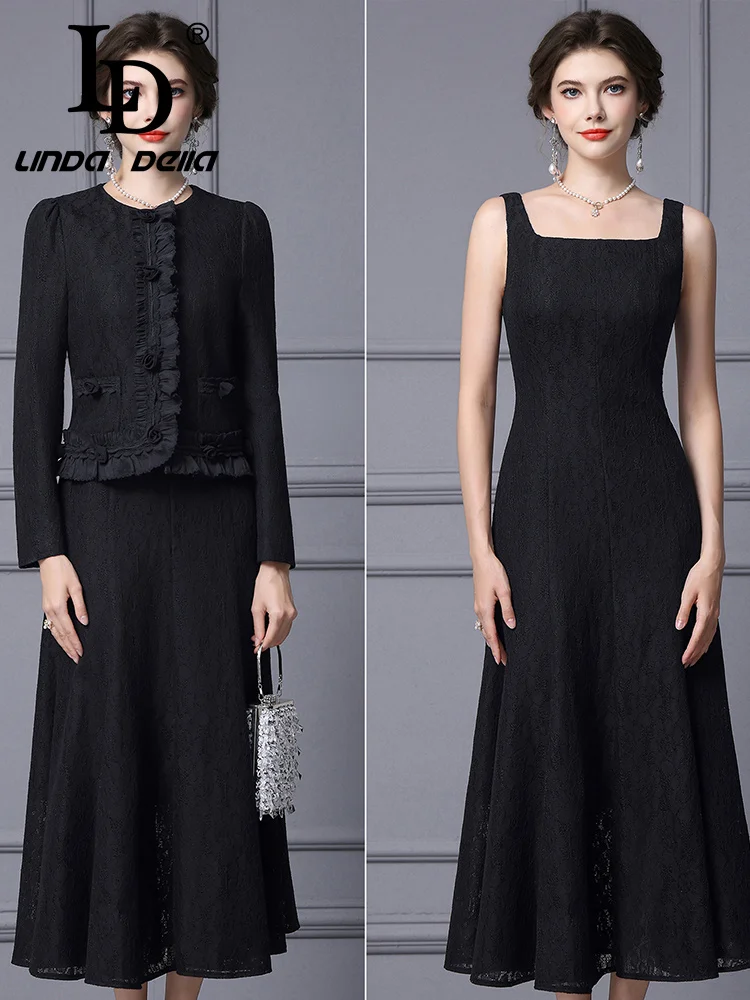 

LD LINDA DELL Белое кружевное длинное платье без рукавов для поездок на работу, элитный темпераментный модный комплект из двух предметов