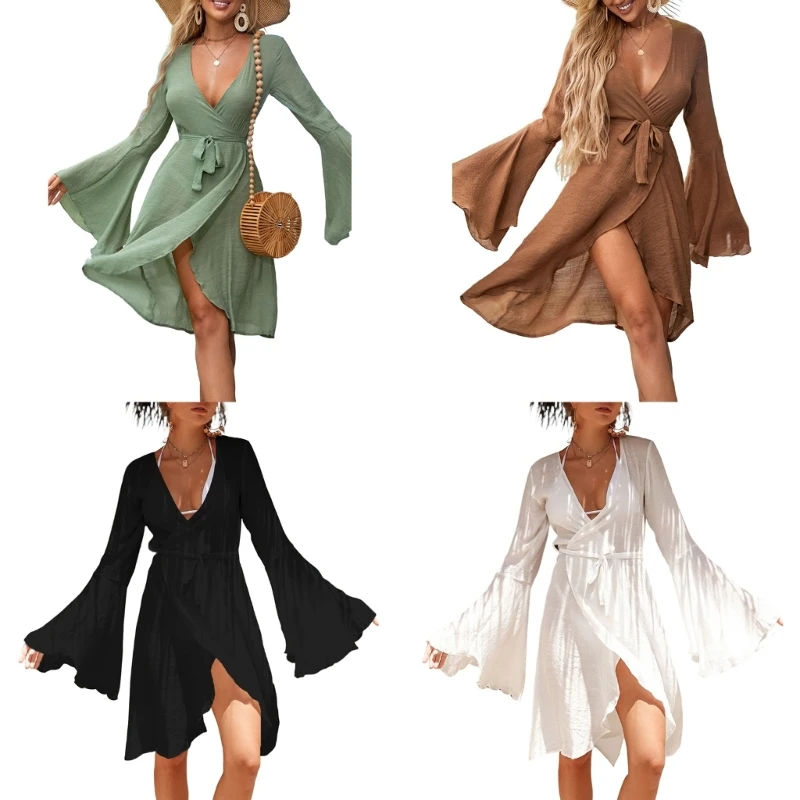 

All-matching-Bell Sleeve Bikinis Cover Up for Women Lace up Beach-Dress Cardigan