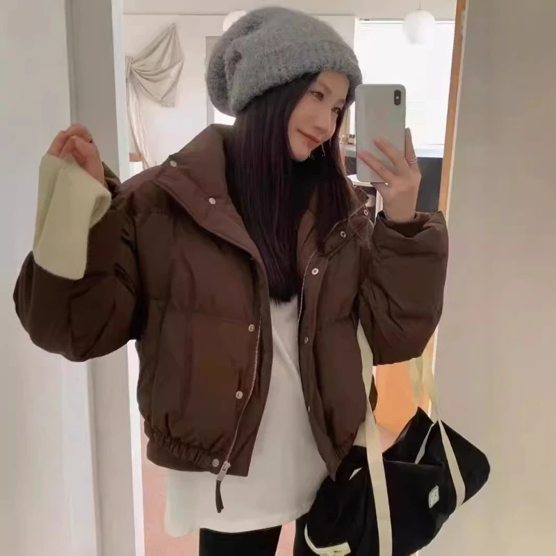 Women's Korean Simple High Street Short Puffer Coat, Thick Loose Warm Parker, Female Winter Coat, Stand-up Collar