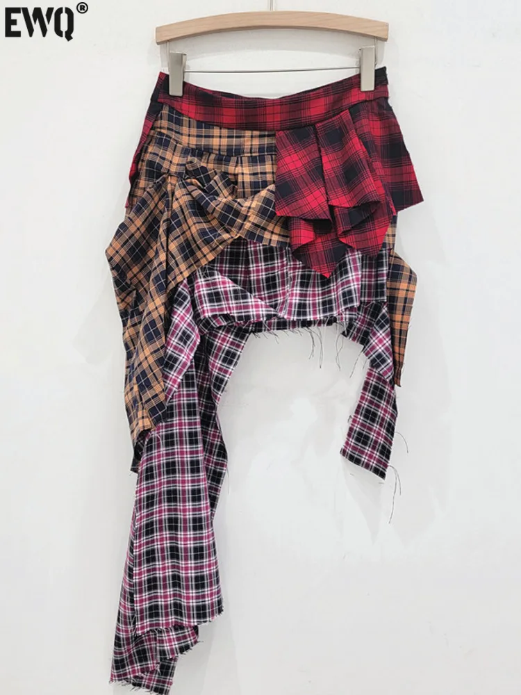 [EWQ] Streetwear Style Irregular Contrast Color Skirt European Trendy Plaid Women Vintage Clothing Faldas Mujer Moda 2024 Autumn