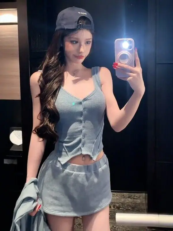 

Slimming V-Neck Strapless Skirt Pants Cardigan Set Women's Summer Fashion Three-Piece Suit Breathable Lightweight High Waist