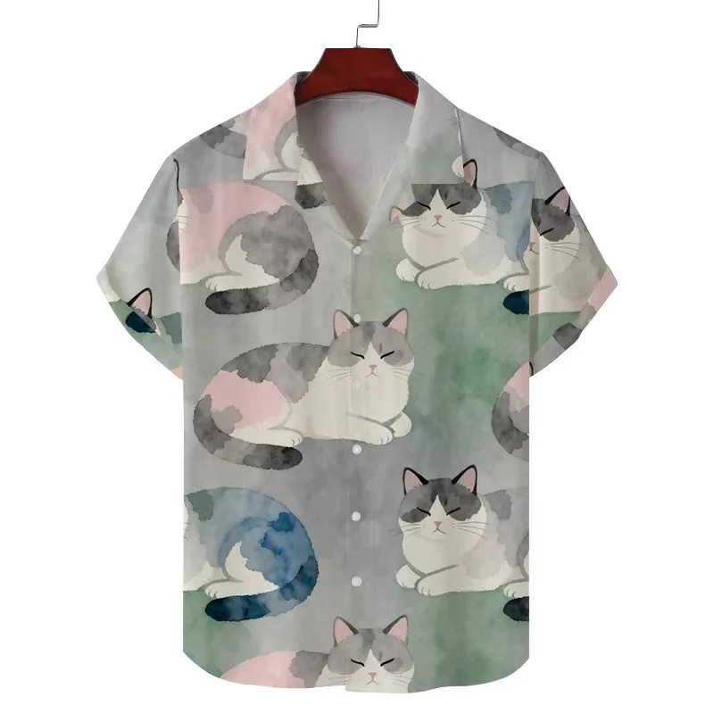 Summer Unisex New Short Sleeved Shirt with Cat Print Pattern for Casual Commuting, Fashionable and Personalized Breathable Shirt