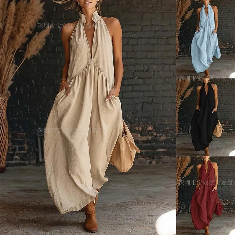 Women's Jumpsuit Solid Deep V Neck Romper Beige Loose Long Jumpsuit Maxi Front Pleats Wide Leg Jumpsuit Black Side Pockets