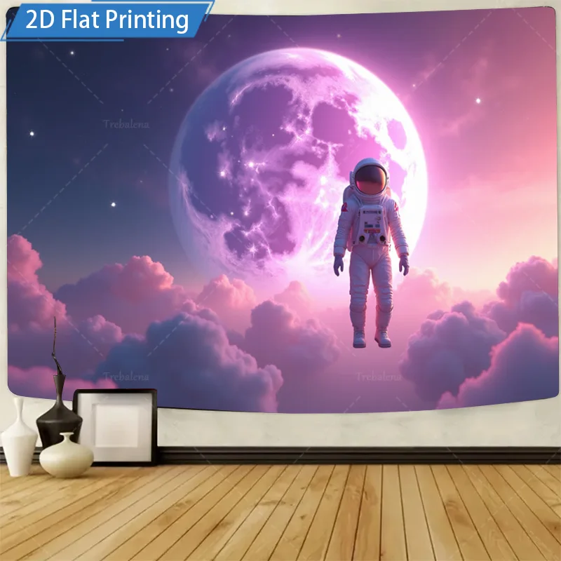 1 tapiz de pared de astronauta en el espacio con luna rosa y nubes