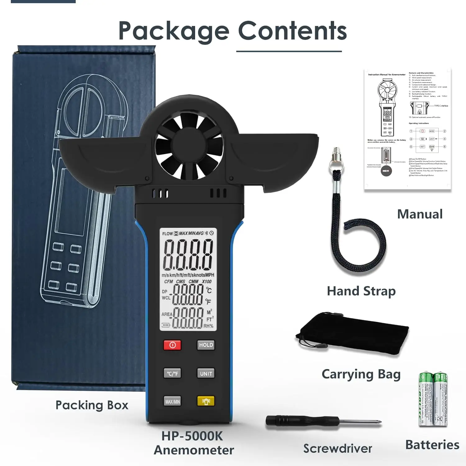 HOLDPEAK Handheld Anemometer with 270º Rotatable Detector & Vane Cover,Digital Wind Speed Gauge Meter,CFM for HVAC Shooting Golf