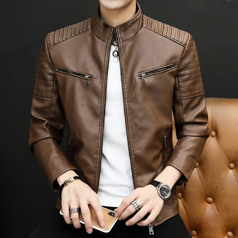 Leather Jacket Menspring and Autumn, Slim Fit Stand Up Collar Leather Jacket, European and American Fashion Trend