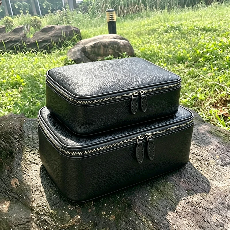 Women's Genuine Leather Makeup Bag Simple Design Advanced Cowhide Portable Travel Toiletry Carry-On Storage Cosmetic Bag