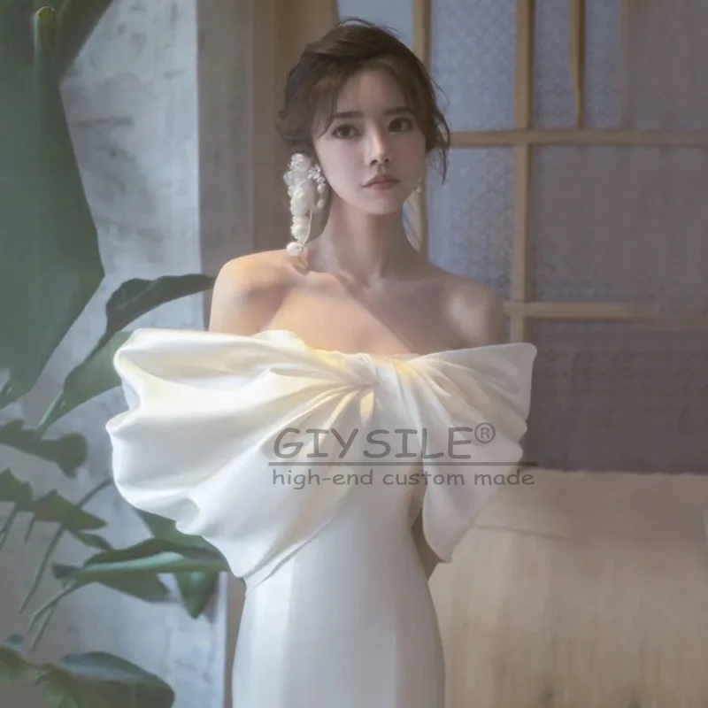 GIYSILE Aangepaste Wit Licht Trouwjurk Temperament Satijn Schouder Boog Taille Fishtail Mouwloze Formele Vrouwen Elegant