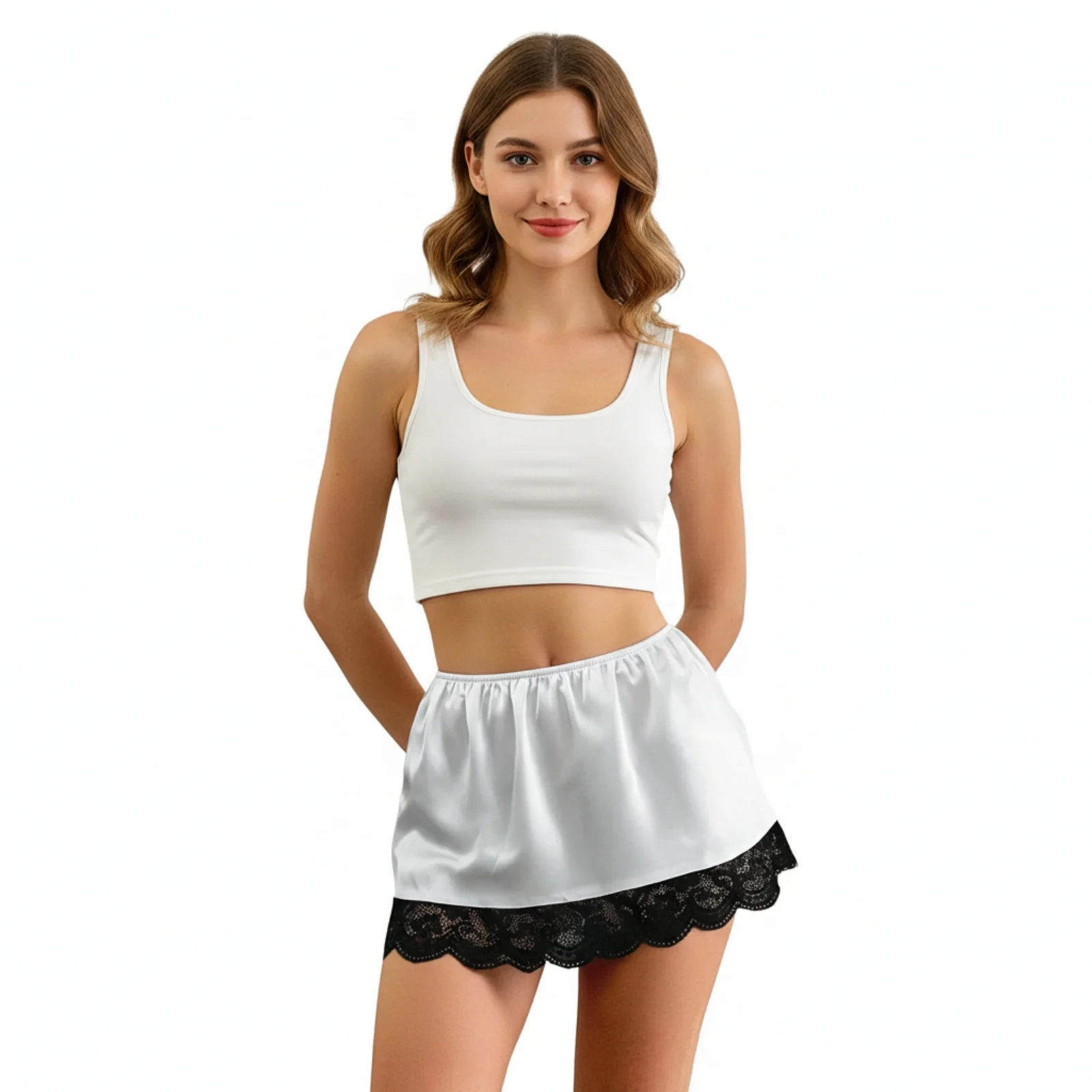 

Женские летние атласные мини-юбки, однотонные элегантные юбки с кружевной отделкой и низкой талией, клубная одежда для повседневной вечеринки