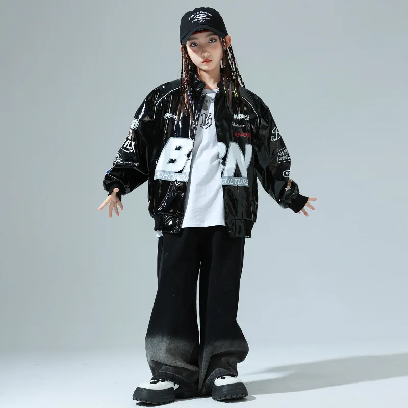 

Kid Kpop Hip Hop Clothing Black PU Print Motorcycle Jacket Casual Wide Leg Denim Jeans Pants for Girl Boy Dance Costume Clothes