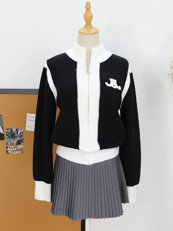 

Черный белый вязаный длинный открытый кардиган контрастного цвета с вышивкой све, осень-зима, новый классический свитер Slim Fit Sle