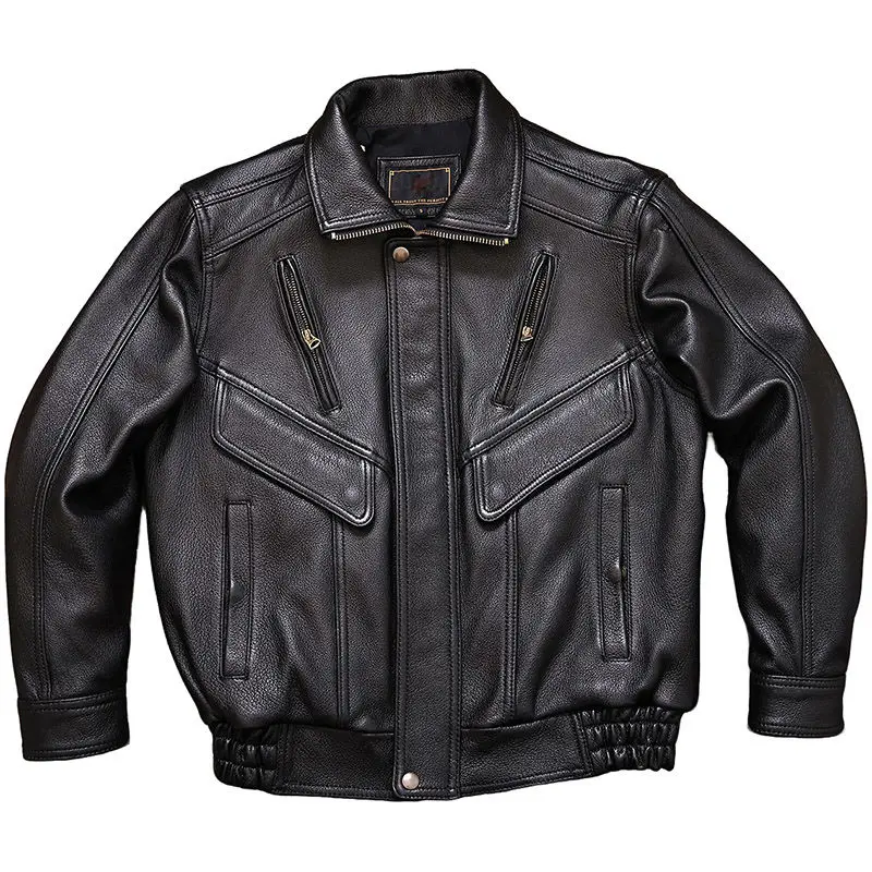 

Black Winter Leather Jacket Men Retro Style Plus Size 5XL Genuine Natural Sheepskin Loose Turn-Down Collar Leather Caot