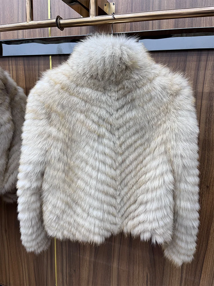 New Fashion Winter Women Real Natural Fox Fur Strip Sewed Toghter Coat Thick Warm Luxury Outerwear Jackets