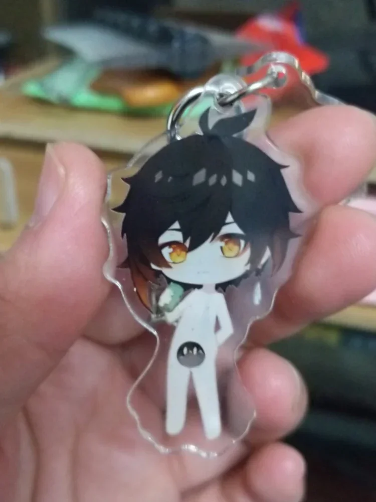 Cute Game Impact Zhongli Xiao Childe Retooling Change of Clothes Key Chain Acrylic Figure Keychains Metal Key Ring Jewelry Gifts