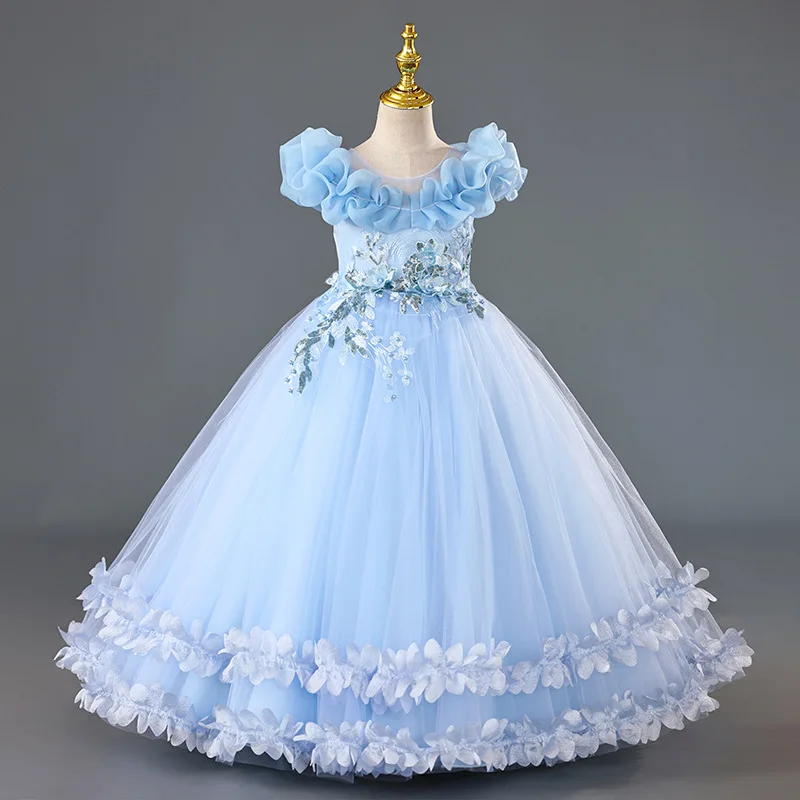高級ガールズパーティードレス花刺繍結婚式の花嫁介添人白プリンセスドレス女の子ページェント Vestidos ピアノ Perforn ガウン