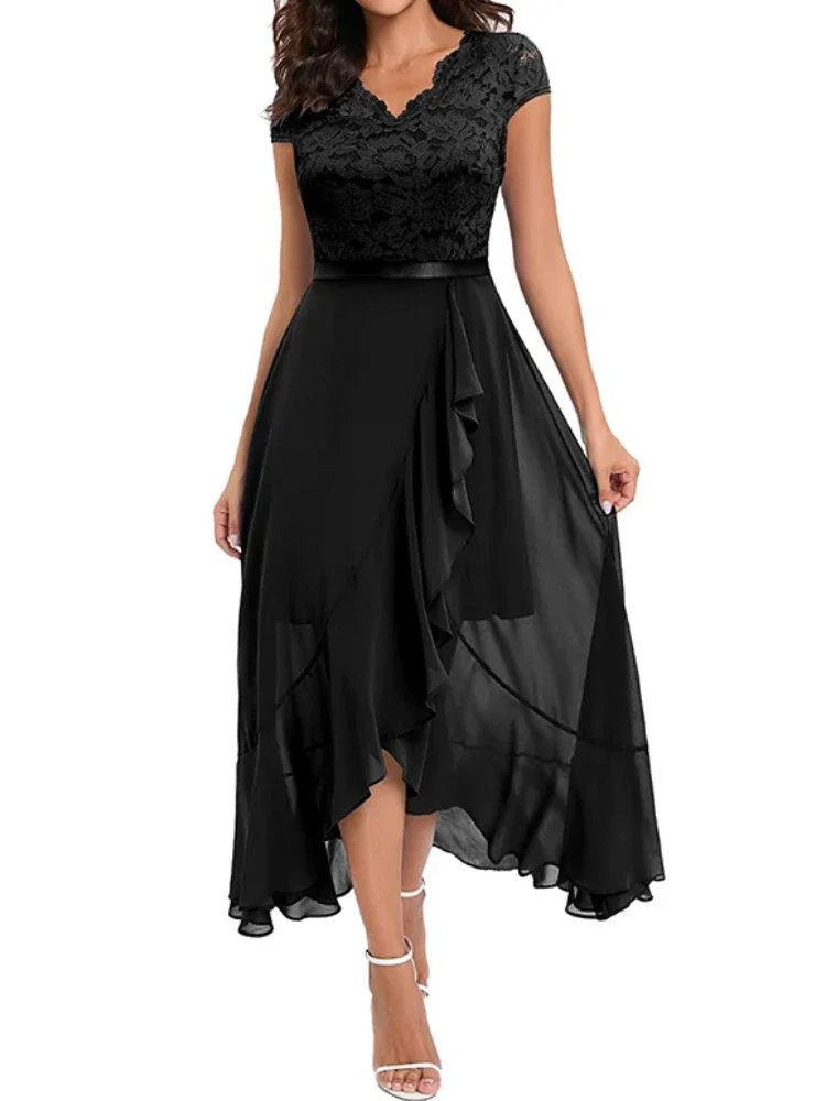 Bodycon Dresses Women Elegant Wedding Party Dress Lace Clothing Fashion Birthday Club Frock Solid Color Short Sleeve Long Skirt