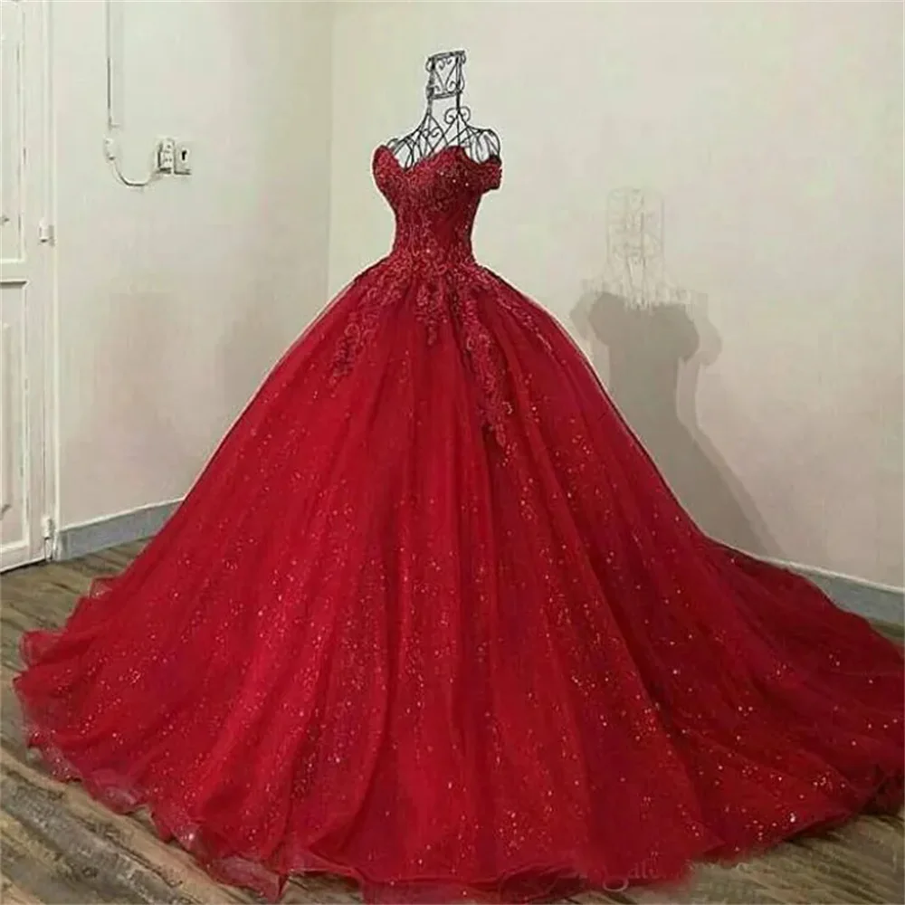 New Red Weeding Dress Shiny Prom Dress Sweethear Neck Princess Quinceanera Ball Gown Tulle Lace Appliques A-Line Bridal Dress