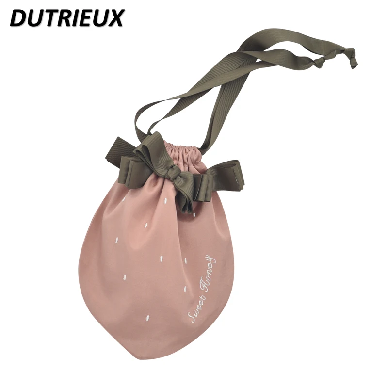 Sweet Cute Strawberry Shape Strawberry Bow Ladies Drawstring Bags Travel Portable Fashion Sundries Storage Buggy Bag for Women