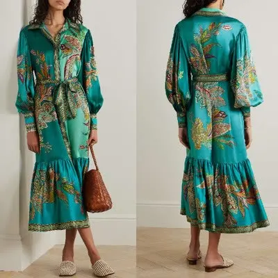 Printed Vintage Women Elegant Long Sleeves Dress Beach 2024 Lace Up Loose Maxi Dress Vestidos Casual Fashion Robe New Holiday