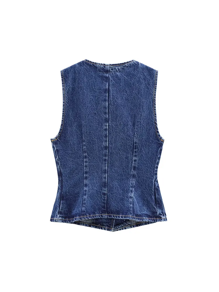 2024 Autumn and Winter New Arrivals Casual All-match Round Neck Sleeveless Blue Slim Waist Denim Vest