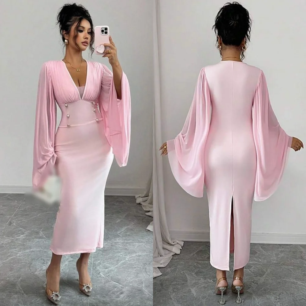 Customized Classic Exquisite Jersey Pearl Pleat Straight V-neck Midi Dresses Bespoke Occasion Exquisite