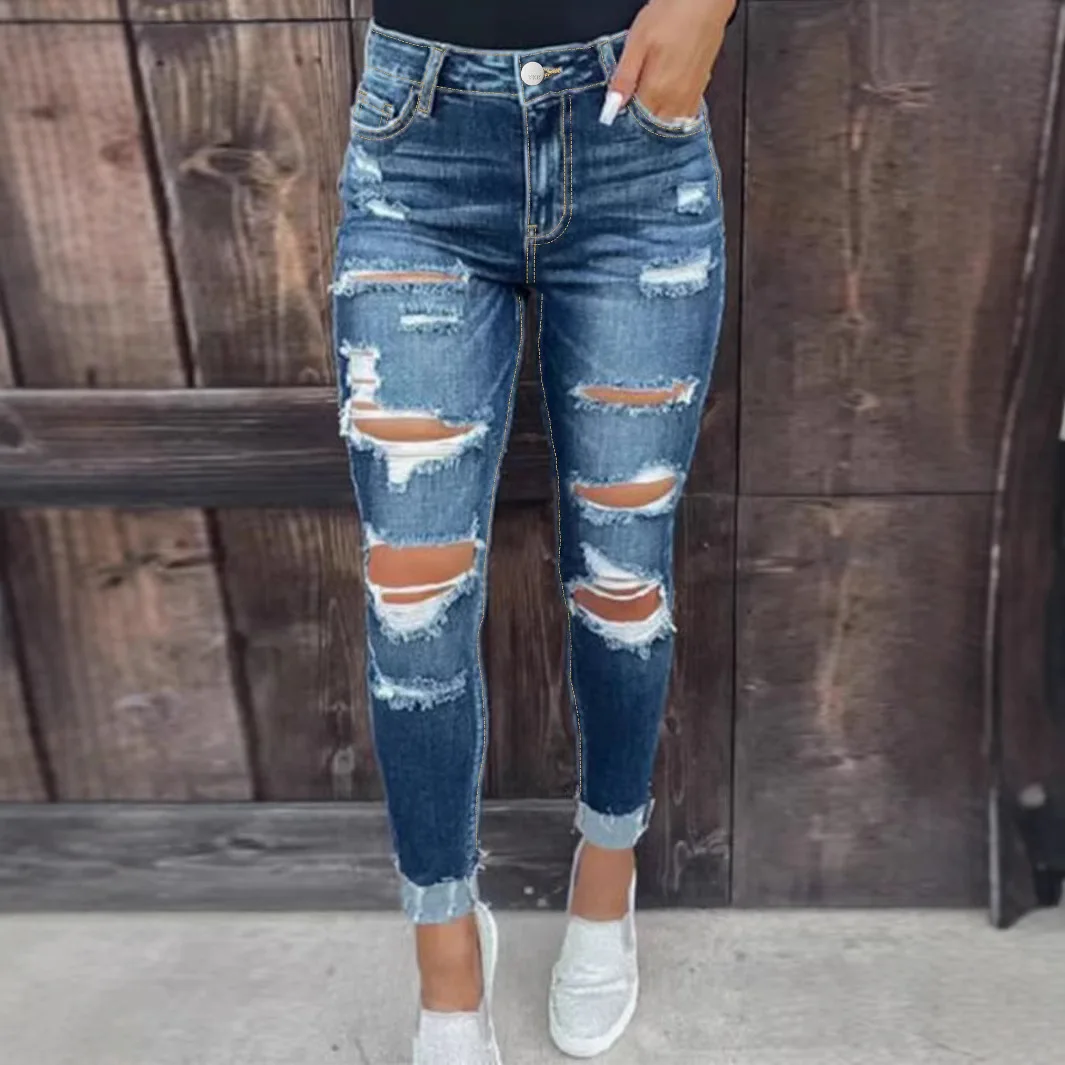 Blue Ripped Denim Pants European and American 2025