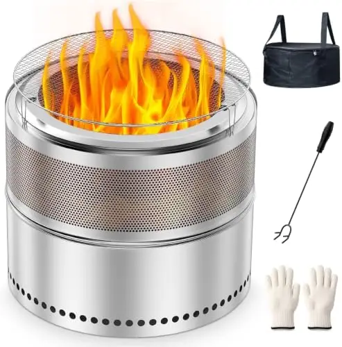 Smokel Fire Pit Outdoor, 20 Inch Portable Stainl Steel Smokel Firt with Grill Grate, Ash Pan & Carry Bag, Low Smoke