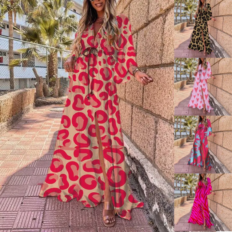 2024 Spring Summer Printed Long Dresses For Women Fashion V-neck Bohemian Beach Slit Dress Casual Vacation Ladies Maxi Vestidos