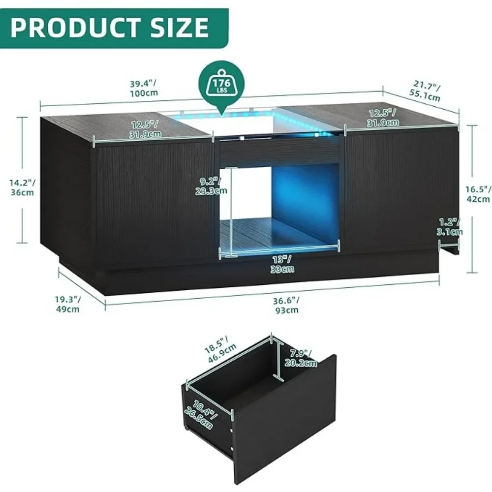 Mesa de centro LED con luces LED, mesas de centro grandes para sala de estar con puertos USB y mesa de centro moderna tipo C con almacenamiento