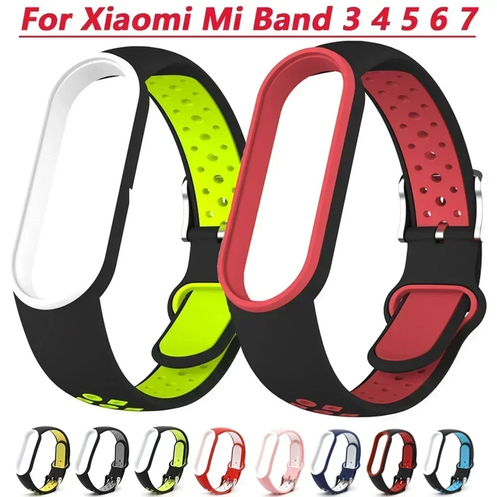 Belt For Xiaomi Mi Band 3 4 5 6 7 Two-color Silicone Bracelet Sport Breathable Strap For Miband 5 Miband 6 Replacement Wristband